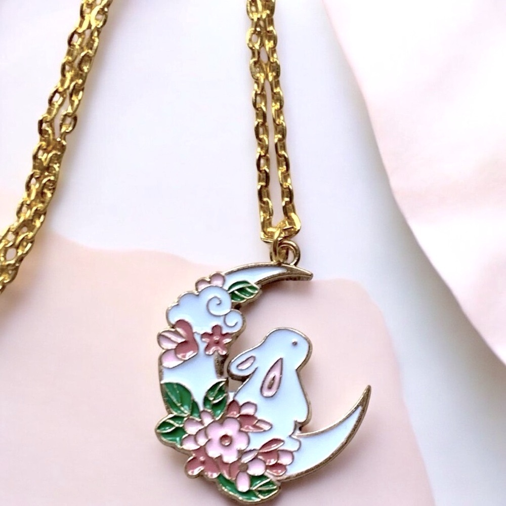 Rabbit on a Floral CrescentMoon Pendant Necklace Easter